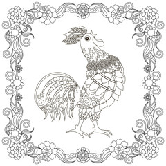 Monochrome doodle hand drawn stylized rooster in flowers frame. Anti stress stock vector illustration