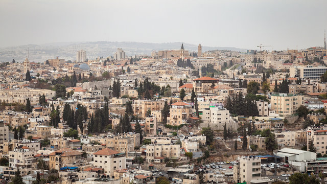 Skyline cityscape of Jerusalem, Israel in the Middle East with many buildings, old historic architecture and landmarks. / Jerusalem Skyline Cityscape
