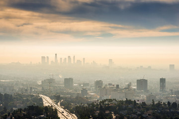 Smoggy morning sunrise overlooking downtown Los Angeles from Hollywood Hills - obrazy, fototapety, plakaty