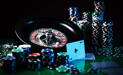 Roulette in casino and Poker Chips - 170537110