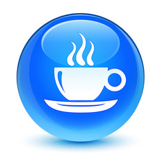 Coffee cup icon glassy cyan blue round button