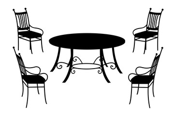 Table and chairs, isolated black silhouette on white, vector illustration