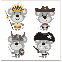 Set isolated mouse in cartoon style for design children holiday and birthday. Funny mouse in costume of viking, american indian, cowboy and pirate.