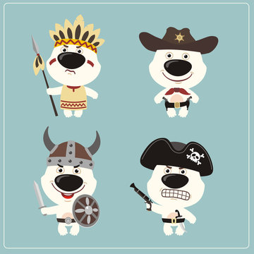 Set isolated polar bear in cartoon style for design children holiday and birthday. Funny polar bear in costume of viking, american indian, cowboy and pirate.