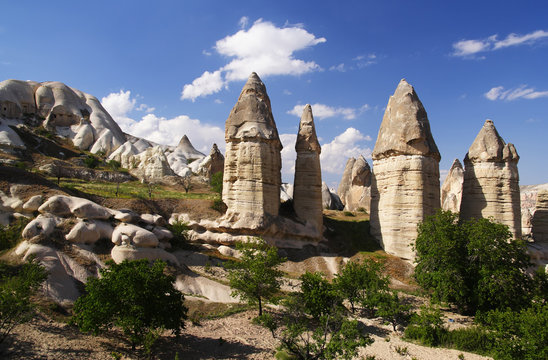 Rock formations in the Love valley near the Goreme. Cappadocia