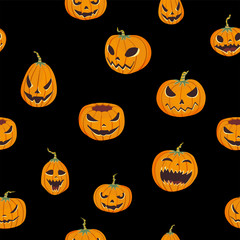 Seamless halloween pattern with carved pumpkinst. Jack-o-lantern. Vector illustration, isolated on black background. Fabric print design.