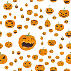 Seamless halloween pattern with carved pumpkinst. Jack-o-lantern. Vector illustration, isolated on white background. Fabric print design.