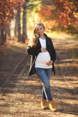 Young pregnant woman walking in the autumn park