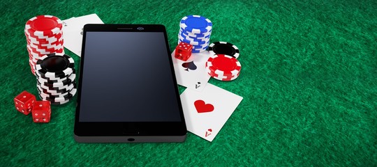 Composite image of mobile phone with stack of casino tokens and