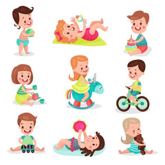 Happy little boys and girls playing with toys set, cute kids enjoying playing colorful cartoon vector Illustrations