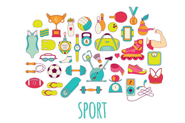 Hand drawn vector fitness and sport doodle icons set