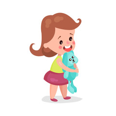Adorable little girl standing and hugging her little bunny cartoon vector Illustration