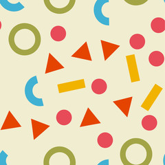Geometric abstract background. Seamless primitive jumble minimalism pattern. Retro, vintage backdrop. 