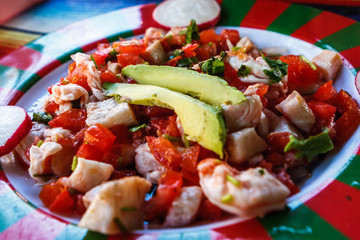 Ceviche with tomatoes and avocado, Chiapas, Mexico.