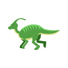 Fototapeta premium Cute cartoon green parasaurolof dinosaur, prehistoric and jurassic monster vector Illustration