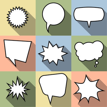 Set of nine cartoon comic balloon speech bubbles in flat style. Elements of design comic books without phrases. Vector illustration
