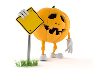 Halloween pumpkin character with road sign