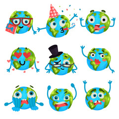 Cartoon funny Earth planet emoji with different emotions set of colorful vector Illustrations