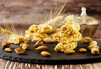 Cereal bar with nuts, selective focus
