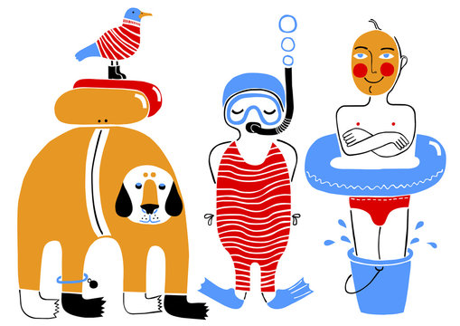 Swimming Friends with Dog and Seagull