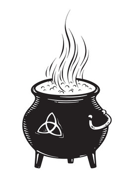 Boiling magic cauldron vector illustration. Hand drawn wiccan design, astrology, alchemy, magic symbol or halloween design