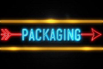 Packaging  - fluorescent Neon Sign on brickwall Front view