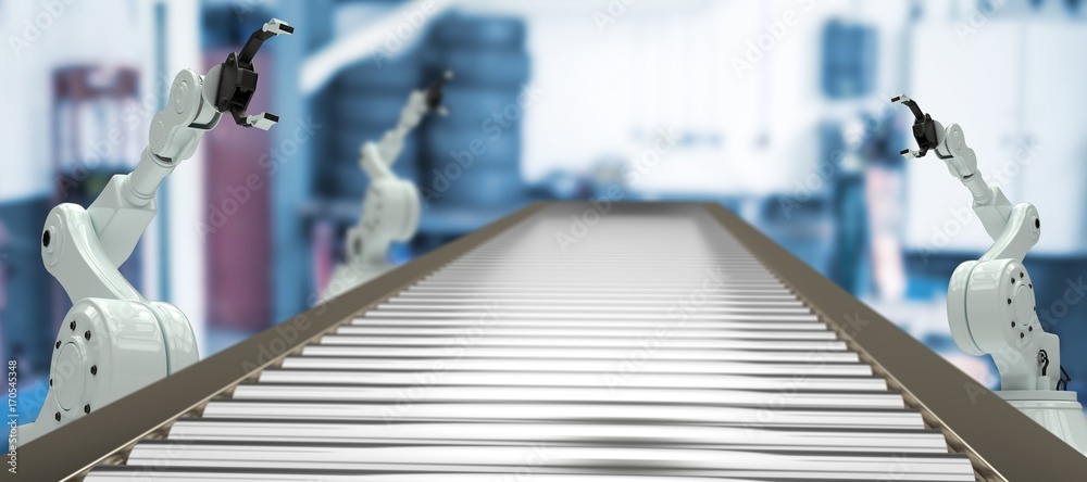 Poster composite image of 3d image of empty production line