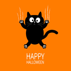 Happy Halloween. Black cat claw scratch glass. Cute cartoon funny baby character. Greeting card. Scary surprised face emotion. Orange background. Isolated. Flat design.
