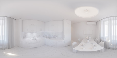 Fototapeta na wymiar 360 panorama of kitchen design. Seamless 3d illustration of interior design of kitchen in private apartment in white texture