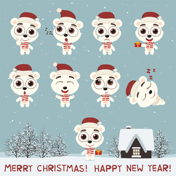 Merry Christmas and Happy New Year! Set funny polar bear in various poses for christmas decoration and design. Collection isolated polar bear in cartoon style.