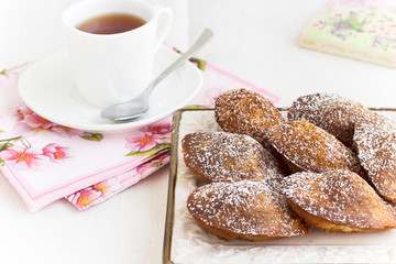 Orange chocolate French cookies Madeleine shell form and tea in white cup. Close up. White background
