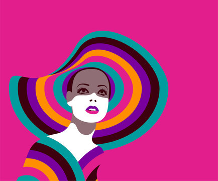 Portrait of fashionable woman with large hat in bright colors on pink background. Retro pop art style. Eps10 vector