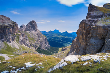 Fototapeta na wymiar Dolomite Alps. View on Sassongher peak. Alta Badia, Sud Tirol, Italy