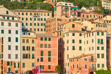 Fototapeta na wymiar Camogli typical Italian village with colorful houses background, Liguria in a sunny day