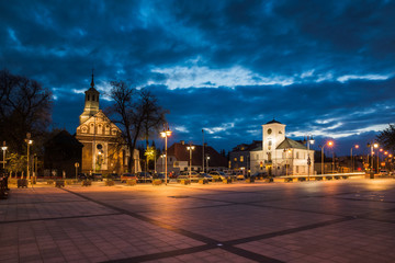 Main market at night in Piaseczno city, Poland