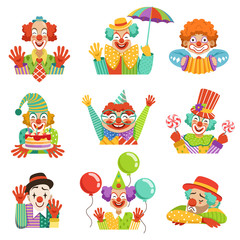 Fototapeta premium Funny cartoon friendly clowns character colorful vector Illustrations