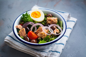 Nicoise Salad. Healthy brunch. Top view, space for text