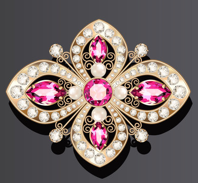 Illustration Gold Jewelry Brooch With Rubies And Pearls