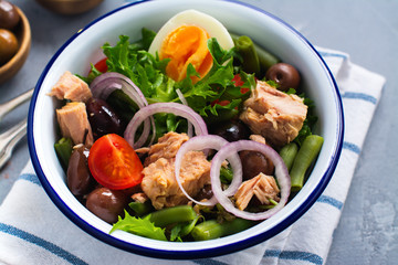 Nicoise Salad. Healthy brunch. Top view, space for text