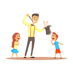 Magician pulling out a rabbit from his top hat before happy people, circus or street actor colorful cartoon detailed vector Illustration