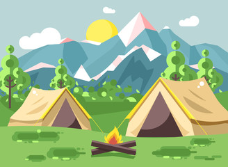 Vector illustration cartoon nature national park landscape with two tents camping hiking bonfire, open fire, bushes lawn, trees, daytime sunny day outdoor background of mountains in flat style