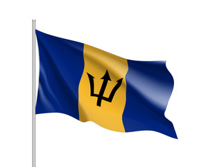 Waving flag of Barbados . Illustration of North America country flag on flagpole. 3d vector icon isolated on white background