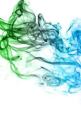 Abstract green and blue smoke on white background, Light blue background,green and blue ink background