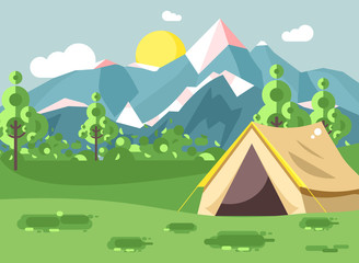 Vector illustration cartoon nature national park landscape with lonely tent camping hiking rules of survival bushes, lawn, trees, daytime sunny day, outdoor background of mountains in flat style