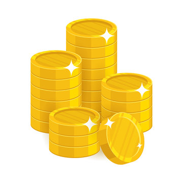 Stack gold coins isolated cartoon. Bunches of gold coins for designers and illustrators. Gold stacks of pieces in the form of a vector illustration