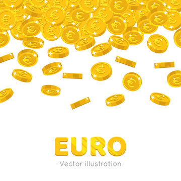 Raingold euro cartoon frame. A rain of the flying gold of euro in the form of a frame in a cartoon style. Falling gold pieces in the form of vector illustrations
