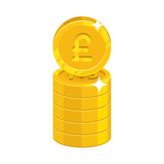 Column gold pounds isolated cartoon icon. Heaps of gold pounds and pound sign for designers and illustrators. Gold stacks of pieces in the form of a vector illustration