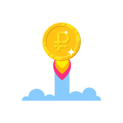 Gold ruble increase cartoon style isolated. The growth rate of the gold coin for designers and illustrators. Gold piece appreciation in the form of a vector illustration