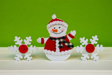 New year wallpaper snowman on green background with snowflakes. Christmas card idea.Space for text. Corporative postcard.