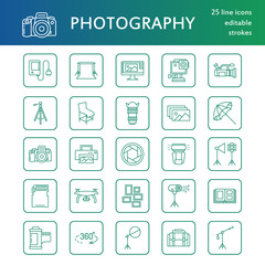 Photography equipment flat line icons. Digital camera, photos, lighting, video cameras, photo accessories, memory card, tripod lens film. Vector illustration, signs for photo studio or store.